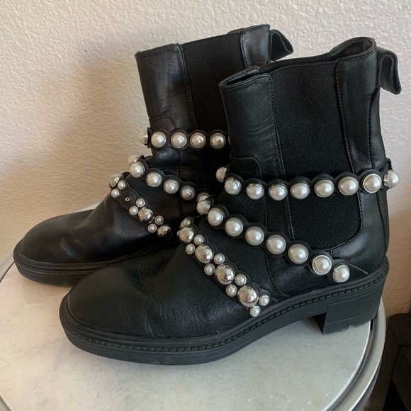 Zara Black Leather Pearl Straps Ankle Boots Block Heel Size 6!! - Picture 11 of 15